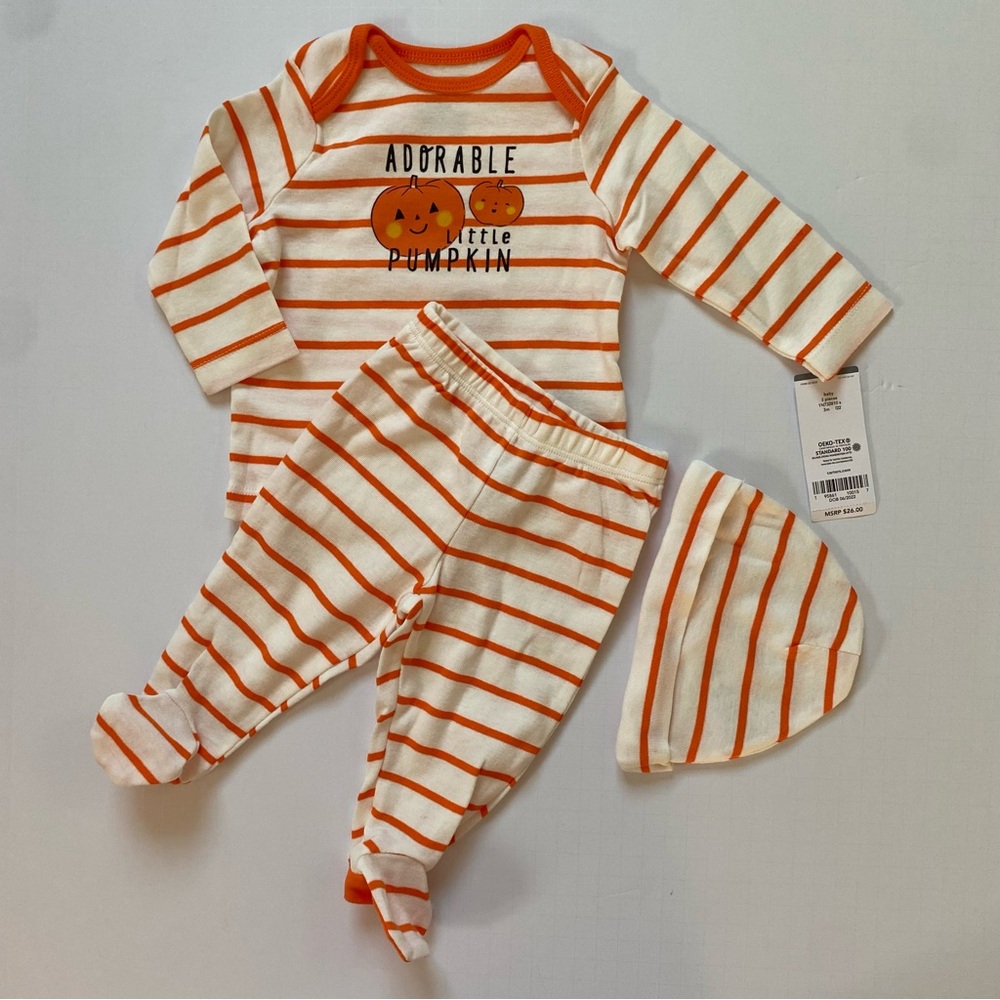 Pumpkin Outfit Size 3 Months NWT 3 Piece Baby Halloween Fall Orange Striped Hat